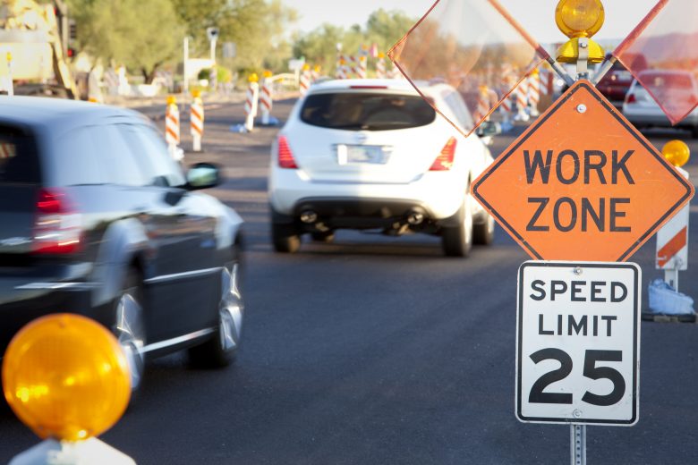 Traffic in a work zone, speed limit 25