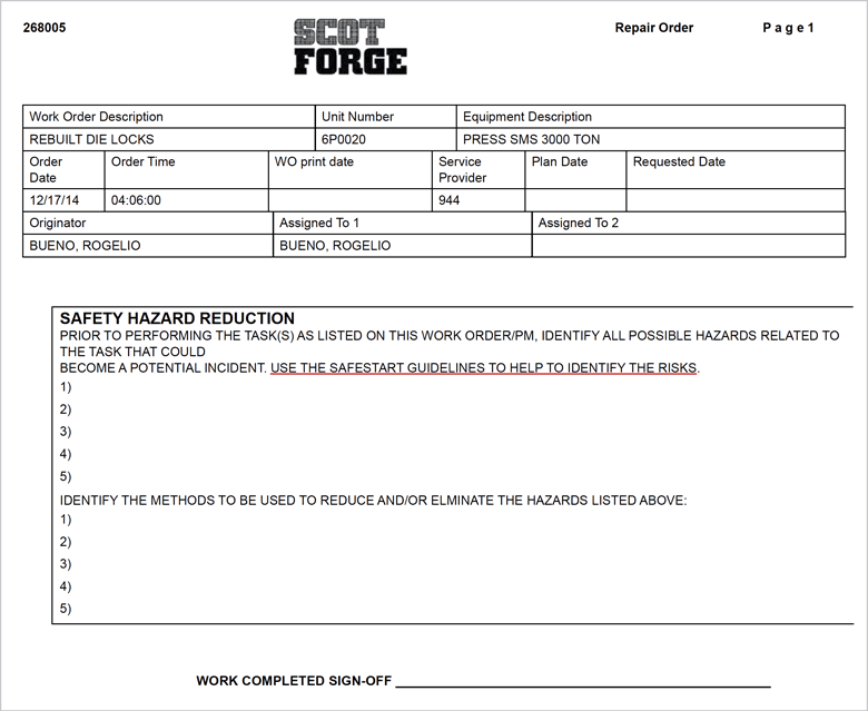 Scot Forge repair order with SafeStart integrated