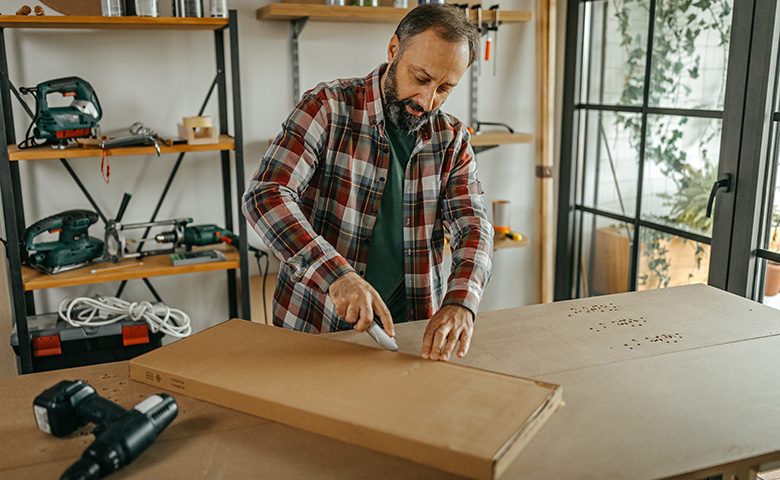 Man opening cardboard package with scalpel at home